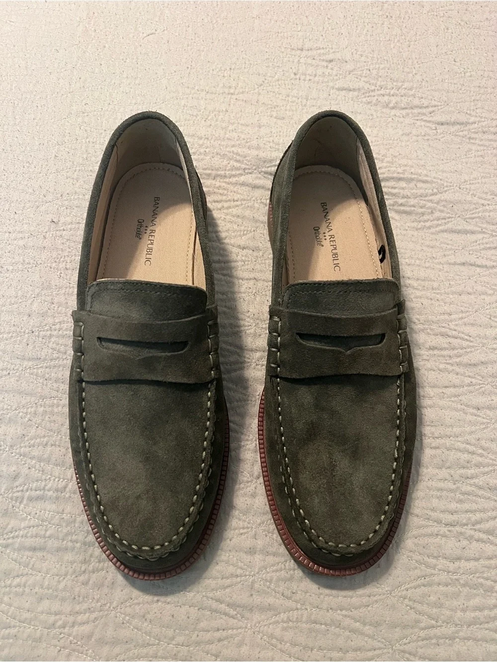 Banana Republic Olive Green Suede Penny Loafers with Brown Trim